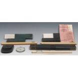 A Fowler's Textile Calculator, short scale type, 9cm over loop, cased; slide rules, various