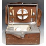 An early 20th century campaign type travelling or motoring picnic hamper, The Garrison, Reg. No.