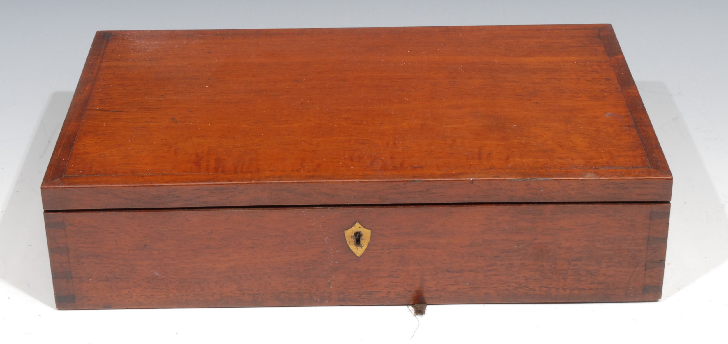 A large 19th century mahogany artist’s box, hinged cover enclosing two fitted lift-out trays
