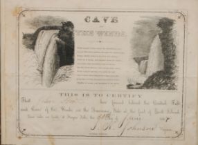 Travel - Niagara Falls - a 19th century certificate, for passing behind the Central Fall and Cave of