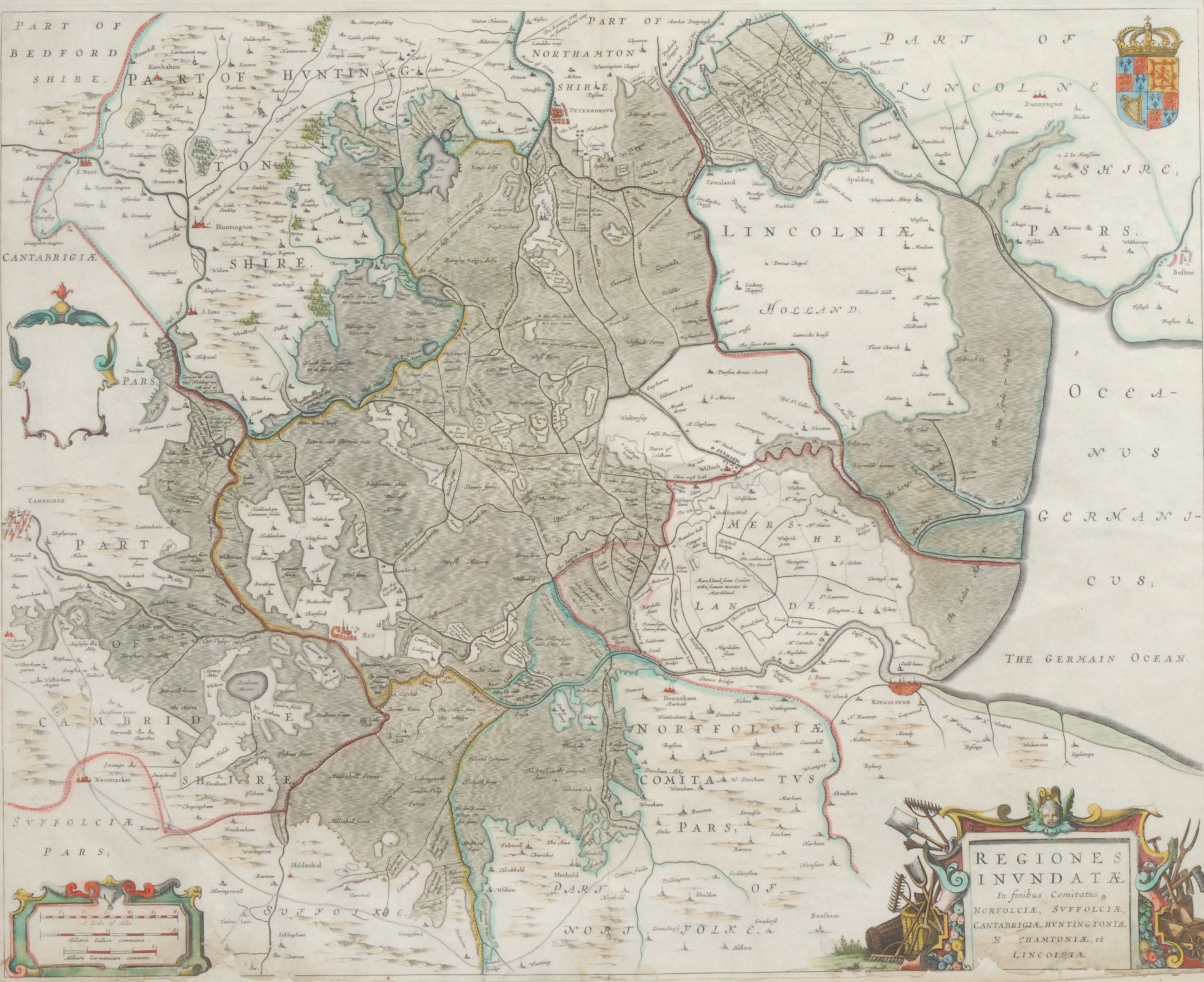 Joannes Bleau, a large 18th century two-page coloured map, Regiones Inundata [Fens or 'inundated' - Image 2 of 2