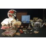 Boxes & Objects - 19th century and later coins, silver plated tea pots, flatware, embroidered