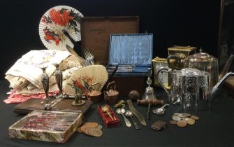Boxes & Objects - 19th century and later coins, silver plated tea pots, flatware, embroidered