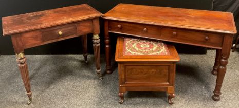 A Victorian mahogany console or hall table, over-sailing rounded rectangular top, pair of drawers to