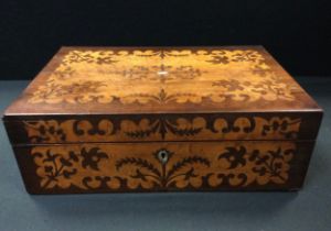 A 19th century marquetry inlaid rosewood and burr elm writing slope, fitted interior, 35.5cm x