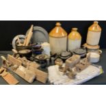 Boxes and Objects - Stoneware flagons, woodworking tools, cast iron lidded cooking pot, a