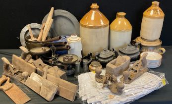 Boxes and Objects - Stoneware flagons, woodworking tools, cast iron lidded cooking pot, a