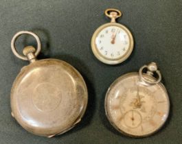 A 19th century Swiss silver hunter pocket watch, c.1894; a mother of pearl lady's fob watch; an