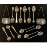 A set of six silver trefoil tea spoons, Brewis & Co, london 1890; others mustard spoons, two
