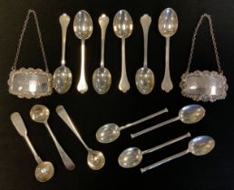 A set of six silver trefoil tea spoons, Brewis & Co, london 1890; others mustard spoons, two