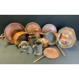 Copper - Copper jam pan, 34cm diameter, similar smaller one, planished ewe, copper kettle, pewter