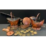 A Victorian copper helmet shaped coal scuttle; another; warming pan, horse brasses etc