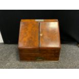 A large Victorian walnut table top slope fronted combination writing and stationery box, 43cm