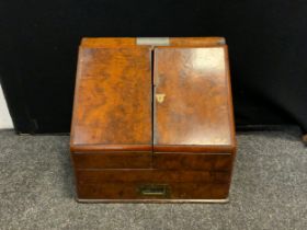 A large Victorian walnut table top slope fronted combination writing and stationery box, 43cm