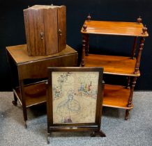 A Victorian mahogany three tier whatnot, 110cm high, double drop leaf drinks trolley, small corner