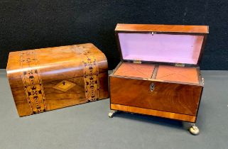 A 19th century crossbanded mahogany tea caddy, ebony line detailing, two section lidded interior,