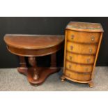 A Victorian mahogany demilune side table, carved cabriole fore leg, shaped undertier, 71cm high,