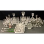 Glass - a set of six cut wine glasses, five narrow stemmed smoky Sherry glasses; etc