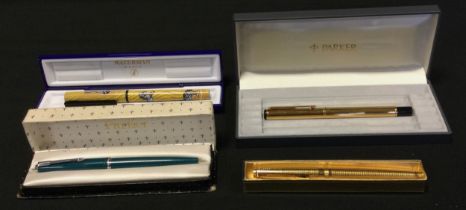 Pens - Waterman novelty Zebra printed fountain pen, f point nib, boxed; others Parker gold plated