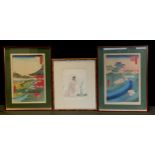 Hiroshige - a pair of Japanese Wood Block Prints, Temple and Waterfall, character signatures, 36cm x