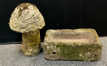A Solid trough, planter L53cm,W32cm, H 21cm, a solid staddle stone L 43cm, W 33cm, D 24cm