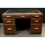 A mid century pedestal pine desk, three frieze drawers, two further to each pedestal. 77.5cm High