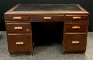 A mid century pedestal pine desk, three frieze drawers, two further to each pedestal. 77.5cm High