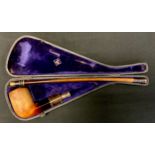 A silver coloured metal mounted Meerchaum pipe, plain bowl, long mouth piece, fitted leather case,