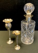 An Elizabeth II silver mounted cut glass cylindrical stoppered decanter, J B Chatterley & Sons