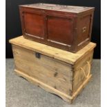 A large pine steamer trunk, hinged lid, rope handles, shaped base, 58.5cm high, 104cm wide, 60cm