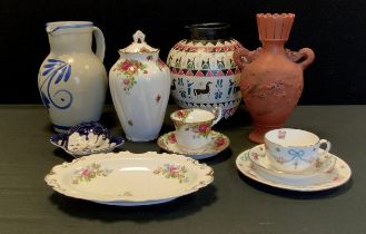 A Crown Staffordshire Blue bows and pink Roses pattern trio, cup saucer and side plate, pattern