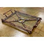 An unusual Jacques Adnet style Equestrian faux bamboo and glass rectangular serving tray, leather