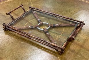 An unusual Jacques Adnet style Equestrian faux bamboo and glass rectangular serving tray, leather