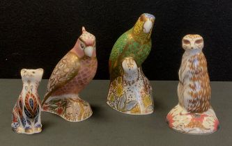 Royal Crown Derby Paperweights - a Cockatoo, gold stopper; standing kitten, silver stopper; Meerkat,