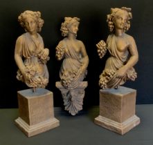A pair of Greco Roman style figures, Girls with Grapes and Flowers, similar wall plaque, (3)