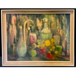 Joyce Parfitt (Bn.1939) Still Life, Decanters, Glass and Fruit signed, oil on board, 45cm x 60cm