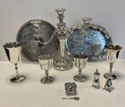 Silver plate - a two branch candelabra, pair of goblets, galleried tray etc