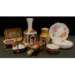 Royal Crown Derby 1128 miniature wheel barrow, trinket trays, basket; hand bell, box and cover etc