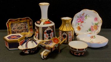 Royal Crown Derby 1128 miniature wheel barrow, trinket trays, basket; hand bell, box and cover etc