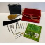 A Miss Dior red velvet box, woven rope edge, traveling nails set, mother of pearl handles, others