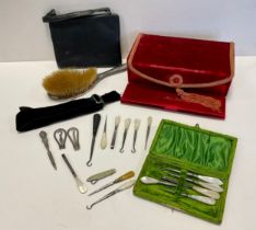 A Miss Dior red velvet box, woven rope edge, traveling nails set, mother of pearl handles, others