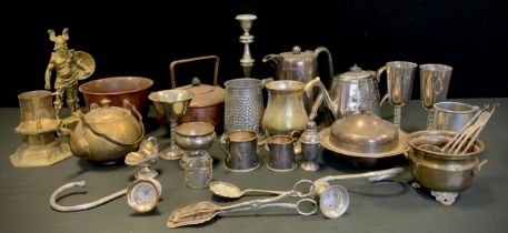 Silver Plate and Metal ware - Victorian teapot, candlestick, muffin dish and cover, copper kettle,