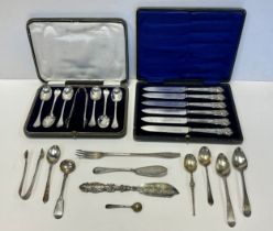 A set of six tea spoons and tongs, Sheffield 1925, cased, others George II and later spoons, sugar