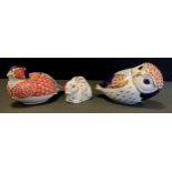Three Royal Crown Derby paperweights, Owl, Pheasant, Rabbit, all gold stopper (3)
