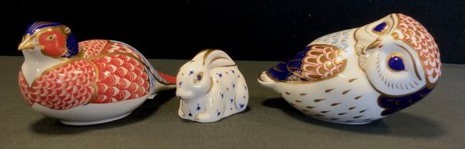 Three Royal Crown Derby paperweights, Owl, Pheasant, Rabbit, all gold stopper (3)