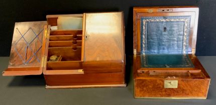 A late Victorian correspondence/stationary box, sloped two door top, fitted interior, 29cm high,