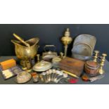 Boxes and Objects - a planished brass coal scuttle, electric oil lamp, pair of candlesticks, novelty