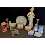 Ceramics - Wedgwood pale blue jasperware, jug, vase etc, continental porcelain figure, pair of glass