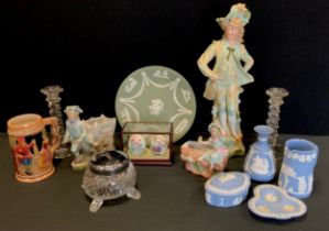 Ceramics - Wedgwood pale blue jasperware, jug, vase etc, continental porcelain figure, pair of glass