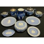 A Wedgwood pale blue jasperware three piece tea set, preserve jar, plates, trinket box and cover etc
